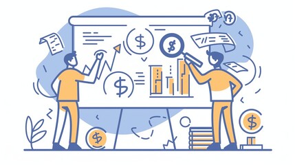 Two men with a trading economy statistics chart levels grow market analysis, trend finding, success or business investment, cartoon illustration, teaching and learning, explaining, master class course