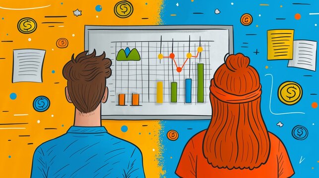 Two persons man and woman with a trading economy statistics chart levels grow market analysis, learning, trend finding, success or business investment, cartoon illustration