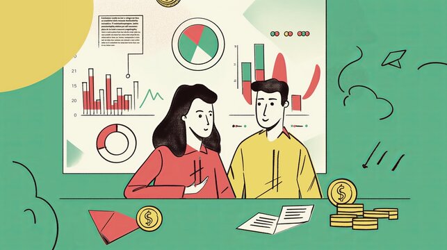 Two persons man and woman with a trading economy statistics chart levels grow market analysis, learning, trend finding, success or business investment, cartoon illustration