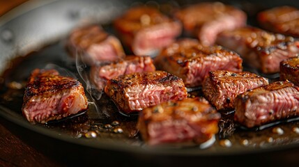 Close-up of Wagyu steak sizzling in a pan on a wood table, searing juices and releasing aromas