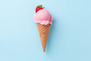 Pink strawberry ice cream on a pastel blue background