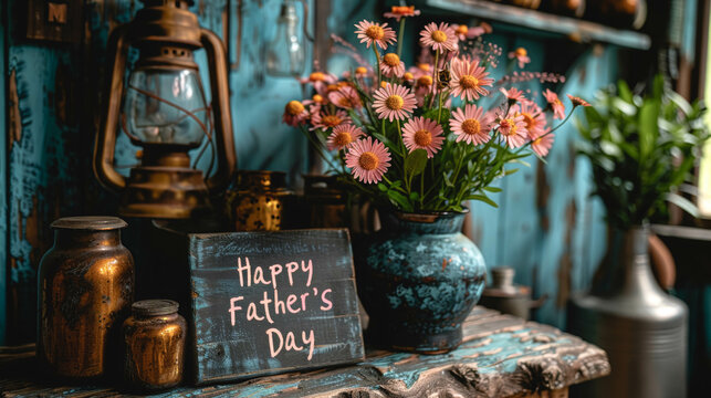 Text Happy Fathers Day on a wooden board in a rustic interior.