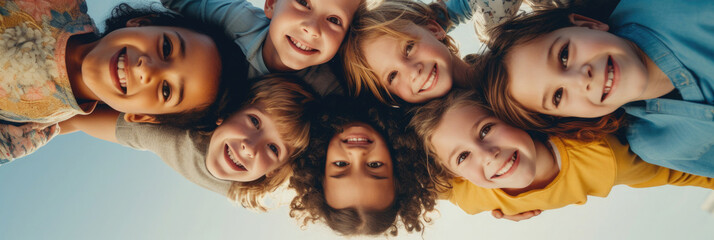 a children's group of friends are standing in a group, smiling, filmed from below