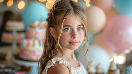 Portrait of a little girl at a birthday party on a blurred background.