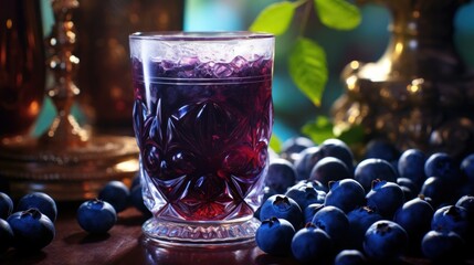 Blueberry juice in a beautifully decorated glass is placed on the table.