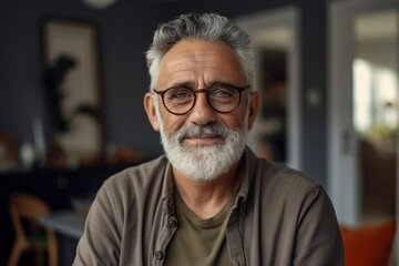 Happy smiling elderly man with short beard and glasses standing in the living room