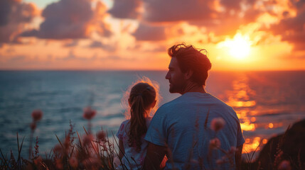 Fototapeta premium A man and a little daughter are sitting, looking at the sunset by the sea.