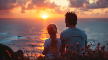 A man and a little daughter are sitting, looking at the sunset by the sea. - obrazy, fototapety, plakaty