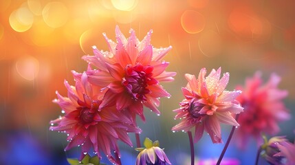 Colorful Dahlia Mix blooms with rain drops, in rustic garden in sunset background. Banner.