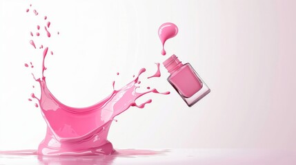 A bottle of nail polish is being splashed by a wave of pink paint