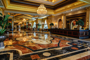 expensive interior of the hotel lobby, reception, glossy marble floor with reflection, chandeliers