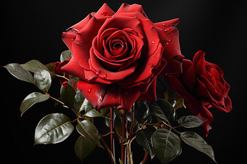 A captivating red rose artfully arranged on the side, its vibrant color contrasting against a...