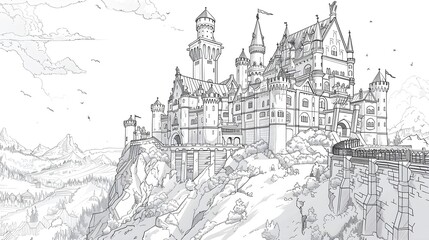 Coloring book page of the great castle for kids and adults 