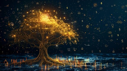 a tree composed of ascending financial graphs and currency symbols, symbolizing growth and innovation