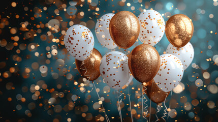 Festive background with white and golden balloons.