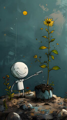 Whimsical Character Nurturing Plant Life: Enchanting Illustration