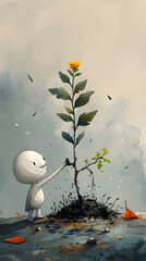Whimsical Character Nurturing Plant Life: Enchanting Illustration