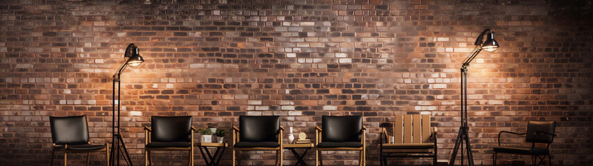 armchairs in front of brick wall illuminated by two tripod floor lamps - obrazy, fototapety, plakaty