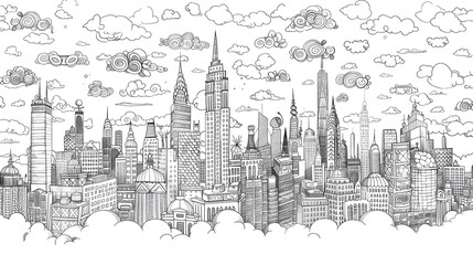 colouring book page for adult and children with cloudy cityscape