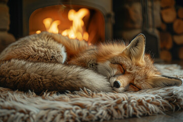 foxy with silk hair sleeping on a fluffy mat near the fireplace, professional photo, dim lighting