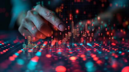 Hand pointing at trading charts stock market, cryptocurrency, digital investment, growth, business startup increase development graph profit