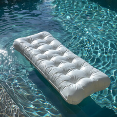 White air mattress in a pool with blue water.