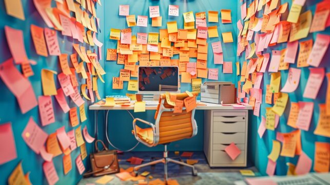 A desk covered in post-it notes with a computer placed on top, creating a busy and cluttered workspace in an office setting