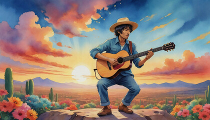 Watercolor Illustration Of Guitar Player At Cinco De Mayo