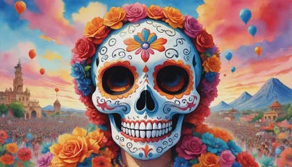 Selbstklebende Fototapete Aquarellschädel Watercolor Illustration Of Sugar Skull In Vibrant Cinco De Mayo Celebration