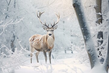 Enchanting Reindeer snowy forest. Forest snow cold season outdoor. Generate Ai