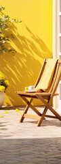 3D rendering of a wooden chair with yellow towel and cup on yellow background with yellow flowers and shadows