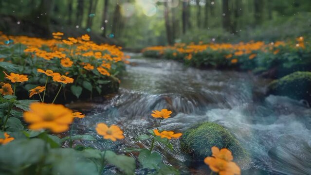 Enchanting Floral Oasis, Clear River Water with Blooming Flowers. Seamless looping 4k time-lapse virtual video animation background