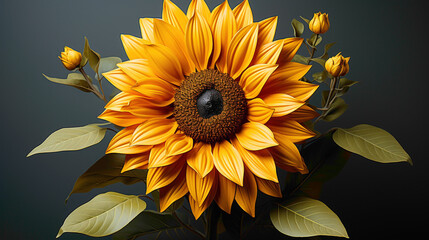 A striking sunflower captured in a moment of full bloom, its radiant yellow petals standing out...