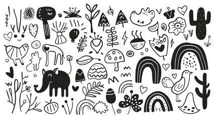 Cute doodle outlined design elements set. Funny creative line art animals, food, flower, rainbow, abstract shapes in kids scribble style. Trendy naive drawings. Childish hand-drawn vector illustration