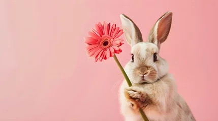 Foto auf Glas Cute Easter bunny holding gerbera flower in paws, pink background © PSCL RDL