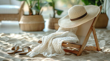 Wooden chair, blanket, slippers and hat on the sand. - obrazy, fototapety, plakaty