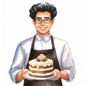 Smiling Baker Holding a Delicious Cake Illustration