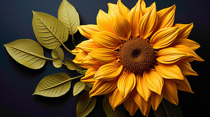 A striking sunflower captured in a moment of full bloom, its radiant yellow petals standing out...