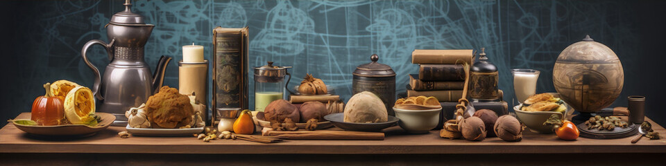 Still life of various objects on a wooden table with a blue background. - obrazy, fototapety, plakaty