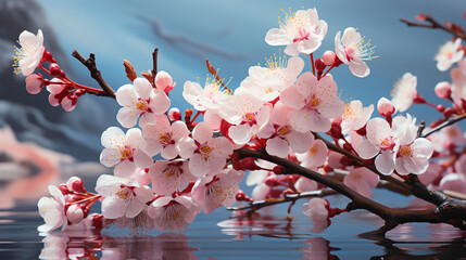 A soft and ethereal close-up of cherry blossoms delicately framed against a pastel background,...