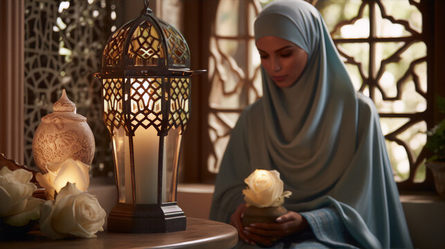 A photo of a woman wearing a hijab and praying near a window with a lantern and flowers.