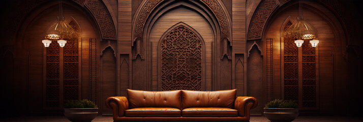 arabic style living room interior with brown leather sofa and wood carved wall - obrazy, fototapety, plakaty