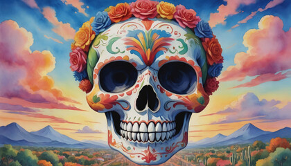 Watercolor Illustration Of Mexican Skull For Cinco De Mayo
