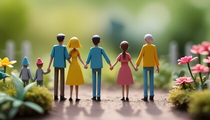 A close up of a group of miniature people holding hands in a garden - obrazy, fototapety, plakaty
