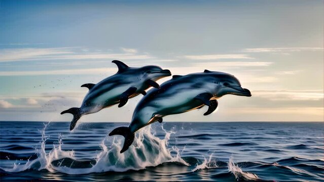 A breathtaking image of dolphins leaping gracefully over ocean waves against a sunset backdrop