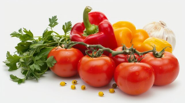 A picture of fresh tomatoes, bell peppers and other vegetables.