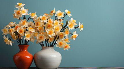 A cheerful display of daffodils basking in the sunlight, their vibrant yellow hues standing out against a neutral and calming backdrop - obrazy, fototapety, plakaty