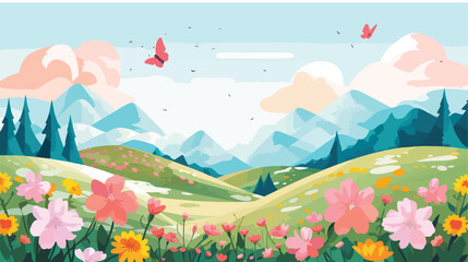 Fototapeta na wymiar Spring background with hills and flowers flat vector