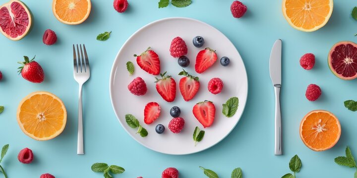 White Plate With Fruit, Fork, and Knife healthy food concept flat-lay. Generative AI