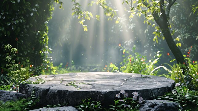 Flat stone podium in a magical forest, empty round stand, minimalist high detail background for showcasing objects mystically